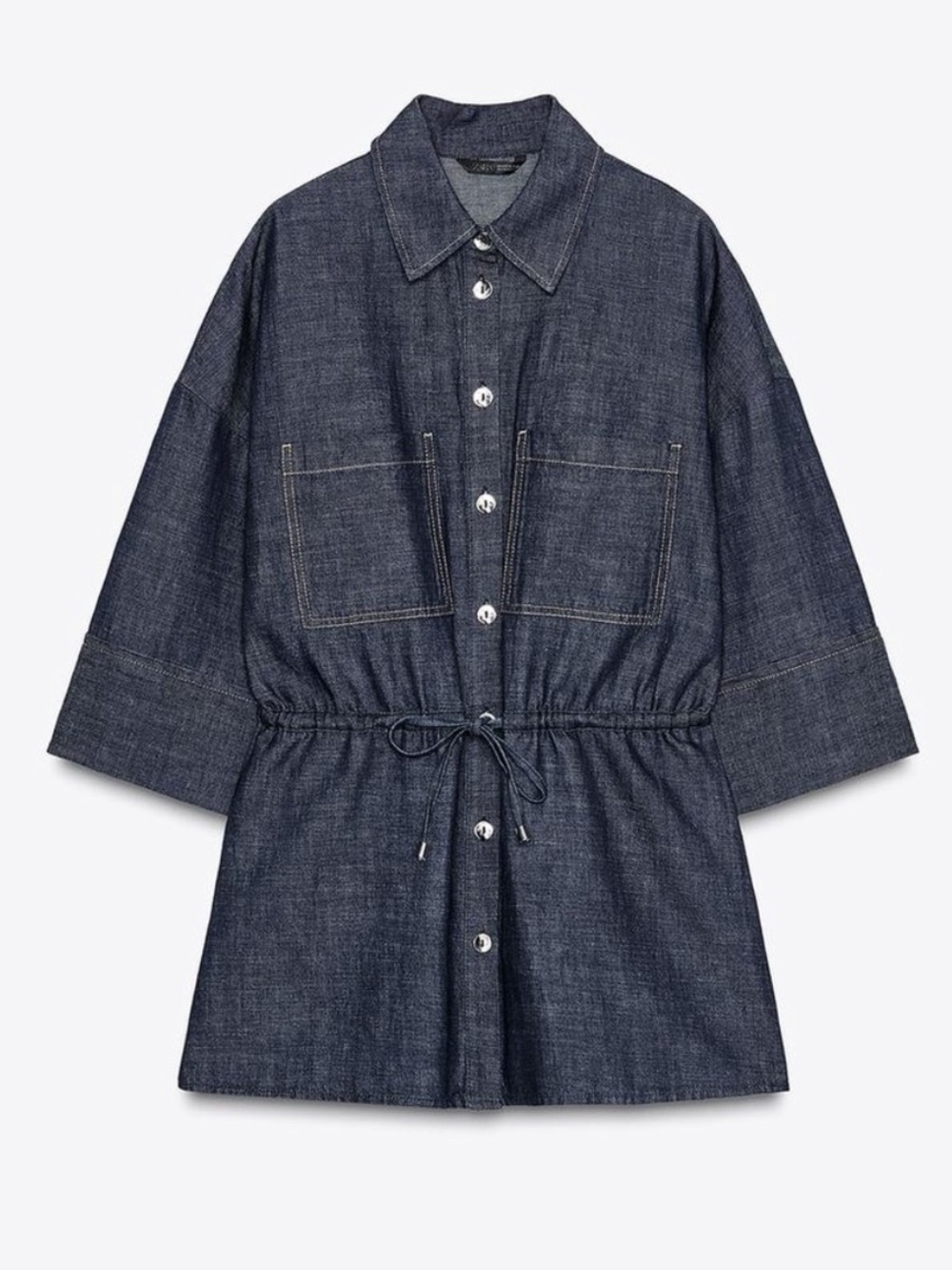 Zara NWT Safari dark blue Drawstring Denim button Shirt